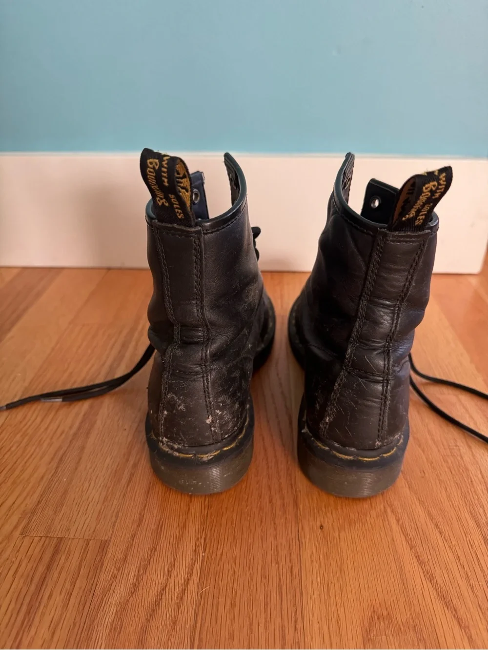 Dr. Martens Black Leather Lace-Up Boots with Yellow Stitching